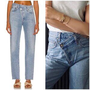AGOLDE Criss Cross Light Wash Button Fly Jeans Suburbia Blue Asymmetric 24x30
